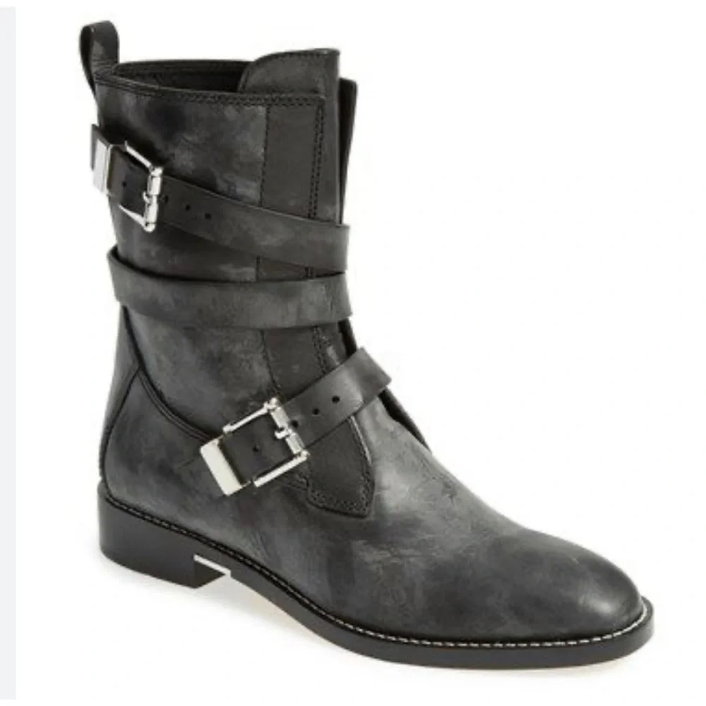 Alexander Wang Louise Smooth Calf Black Leather Straps Moto Boots Women Sz 37 - Picture 2 of 10